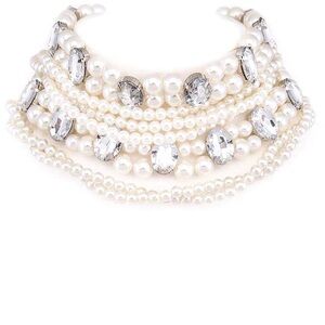 Pearl and Crystal Multistrand Choker Necklace w/Drop Earrings - White or Cream